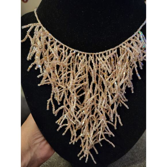 Hand-Made Light Pink Beaded Multiple Strands Boho Bib Necklace 20 inches - Picture 3 of 5